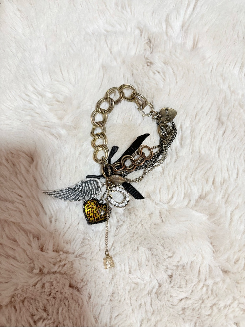 Betsey Johnson Vintage Wing Leopard Heart Multi-Chain Charm Bracelet Rare
